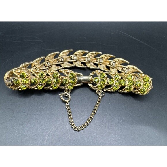 Weiss Rhinestone Link Bracelet Vintage Safety Clasp Green Gold Tone Signed - Picture 4 of 10